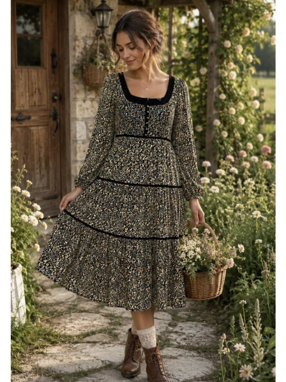 Madewell Smocked Puff Sleeve Midi Dress Sz 10 Brown Floral Feminine Cottagecore